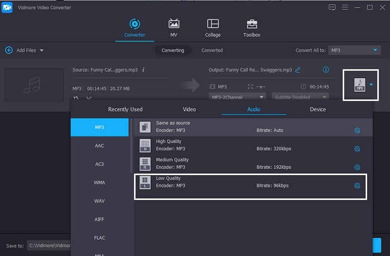 Выбор MP3-профиля с разным битрейтом в Vidmore Video Converter