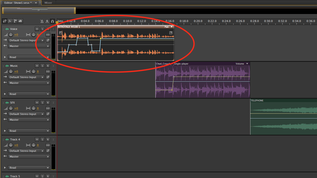 Pan automation в многодорожечном проекте Adobe Audition