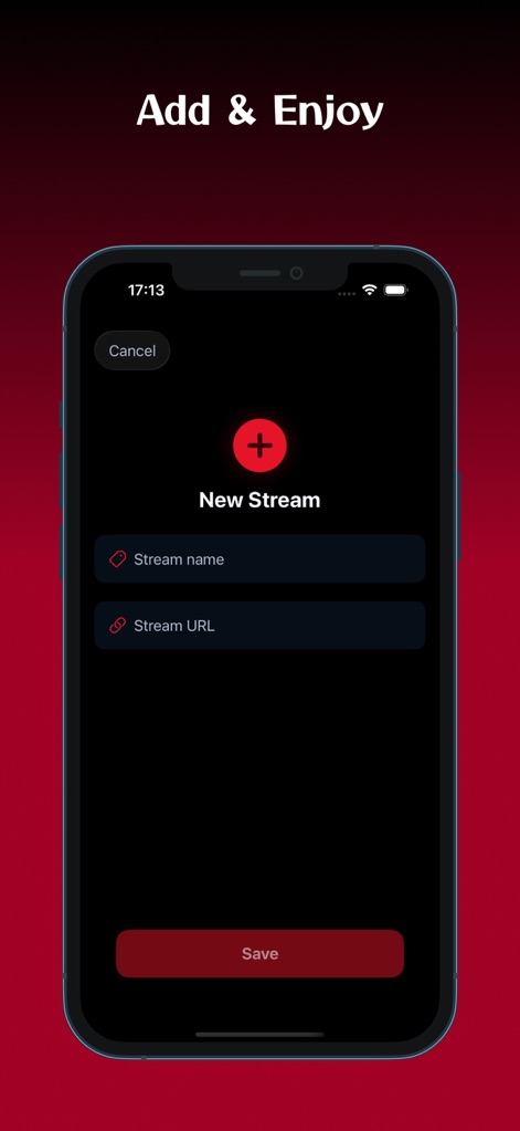 Форма New Stream с полями Stream name и Stream URL в M3U8 Stream Player