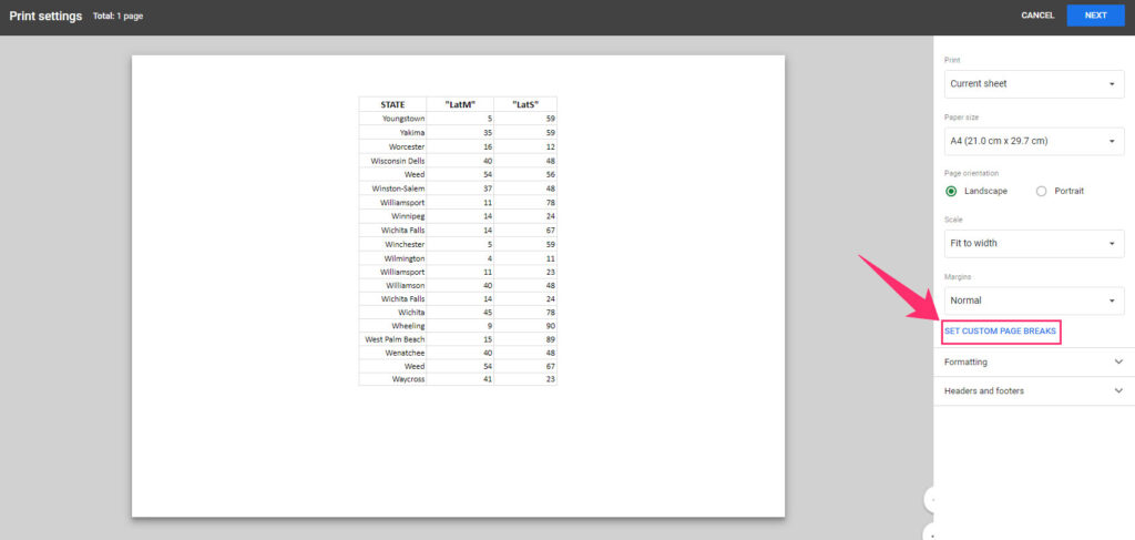 Окно Print settings в Google Sheets с ориентацией, масштабом, полями и командой Set custom page breaks