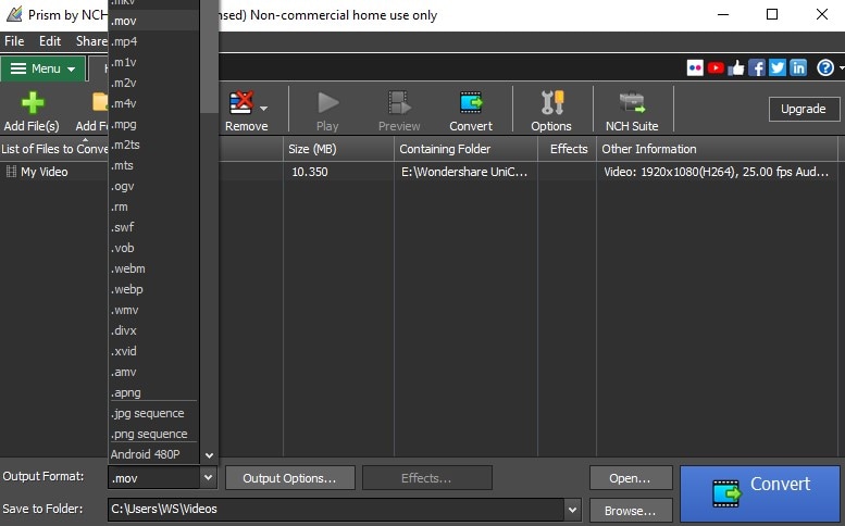 Выбор MOV и запуск конвертации в Prism Video Converter