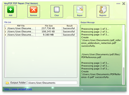 Интерфейс VeryPDF PDF Repair for Mac с командами Add, Repair и Output Folder