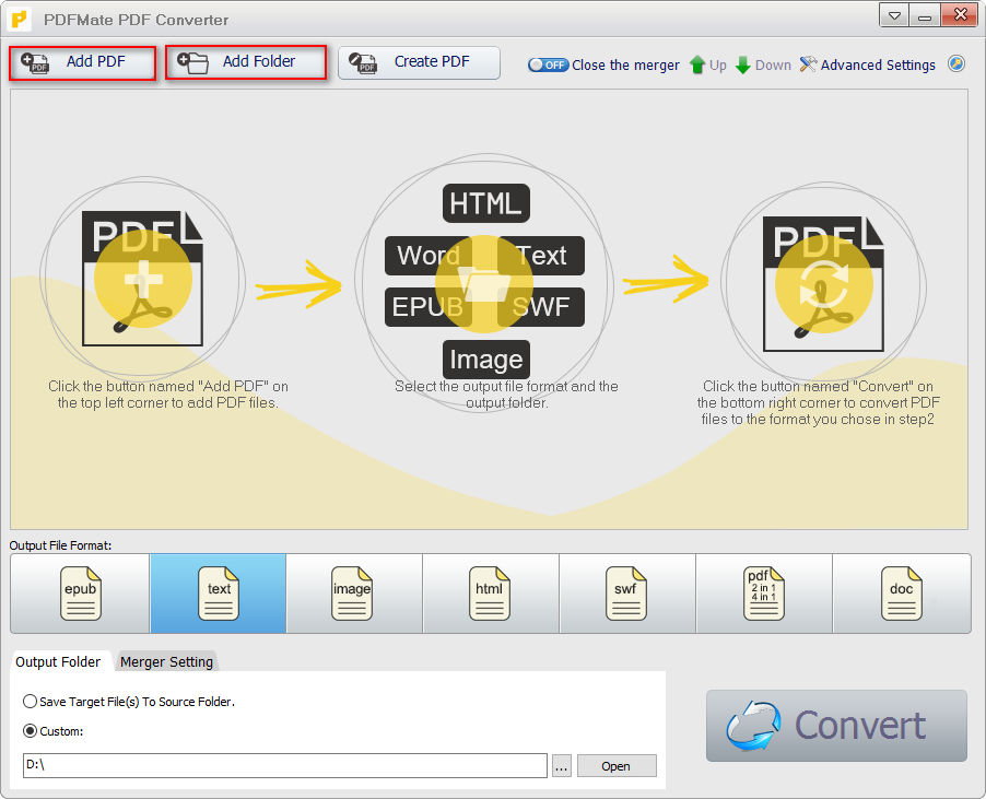 Главное окно PDFMate PDF Converter с кнопками Add PDF, Add Folder и Create PDF