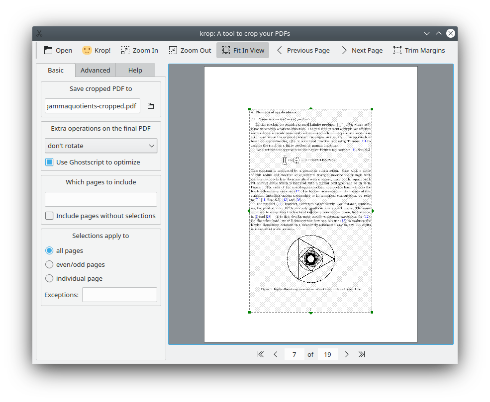 Главное окно Krop с выделенной областью PDF