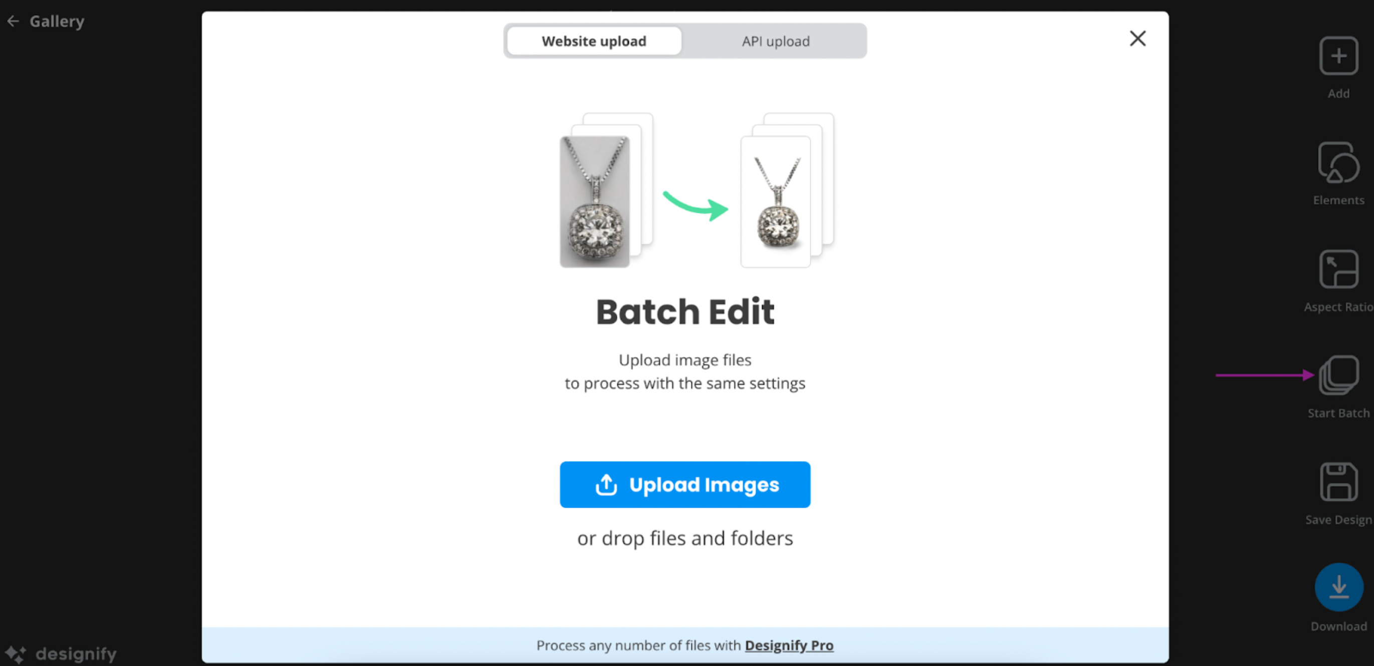Окно Batch Edit в Designify для загрузки серии изображений