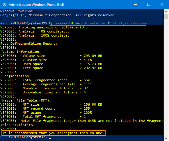 PowerShell с отчетом Optimize-Volume по анализу HDD