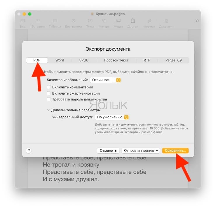 Параметры PDF при экспорте Pages