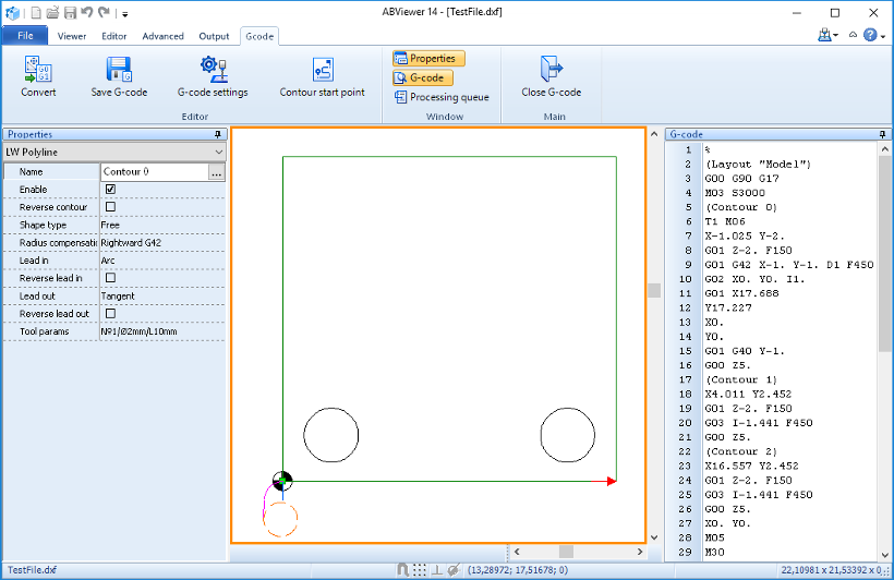 Результат генерации G-code из DXF в ABViewer