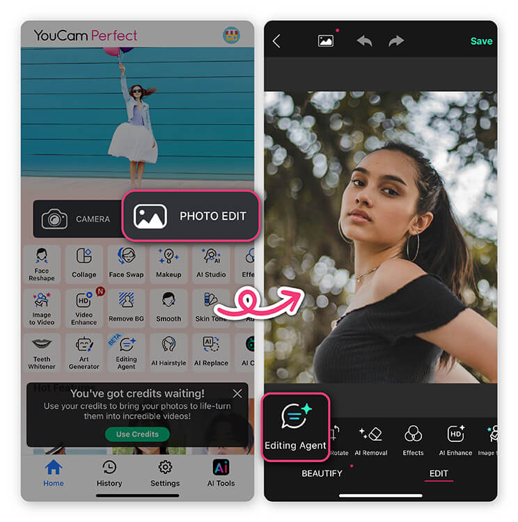 Интерфейс YouCam Perfect для AI-редактирования одежды