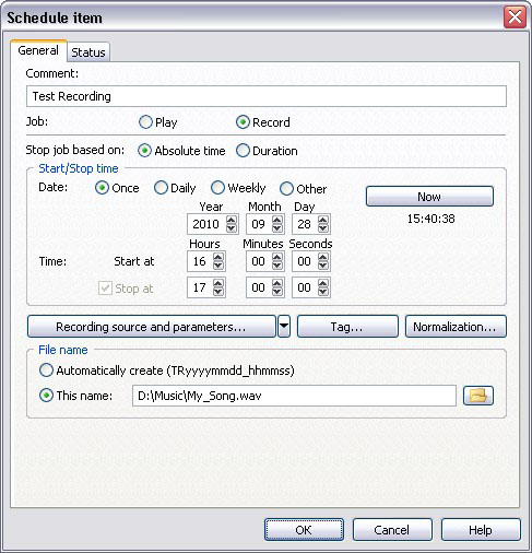 Окно Schedule item в Total Recorder для настройки записи в Standard Edition