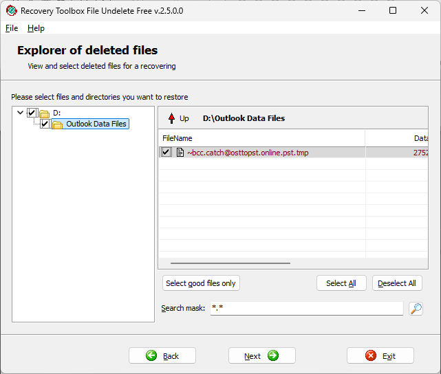 Выбор удалённых файлов в Recovery Toolbox File Undelete Free
