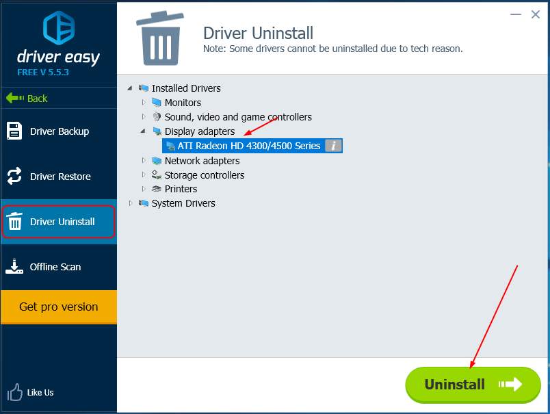 Функция Driver Uninstall и кнопка Uninstall в Driver Easy