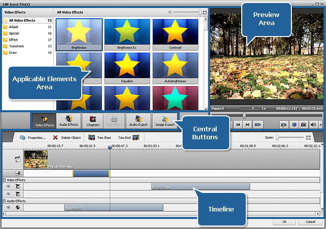 Окно Edit Input File(s) AVS Video Converter с эффектами, предпросмотром и таймлайном