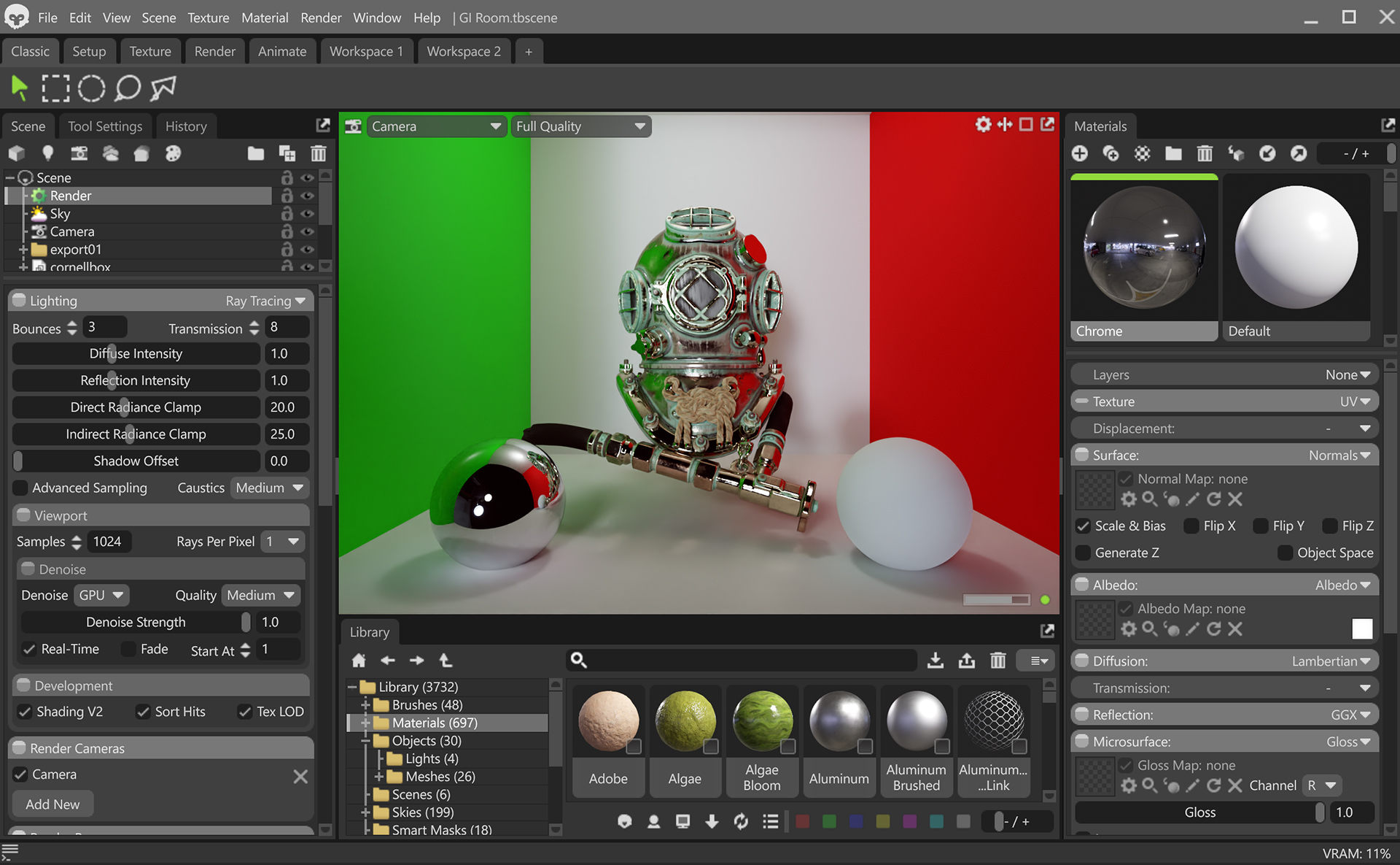 Интерфейс Marmoset Toolbag с 3D-сценой, материалами и библиотекой