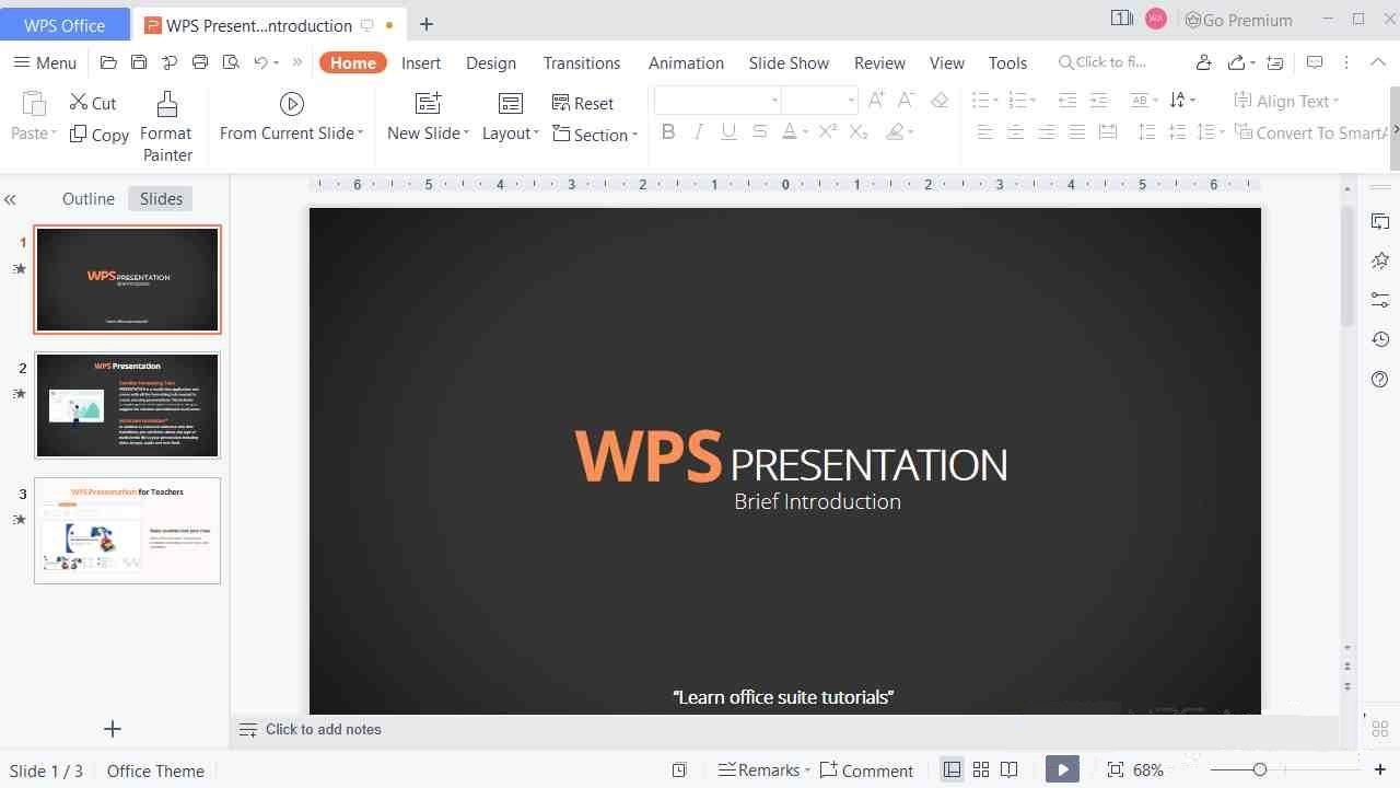 Рабочее окно WPS Presentation с миниатюрами слайдов и вкладками Home, Insert, Design, Transitions, Animation и Slide Show