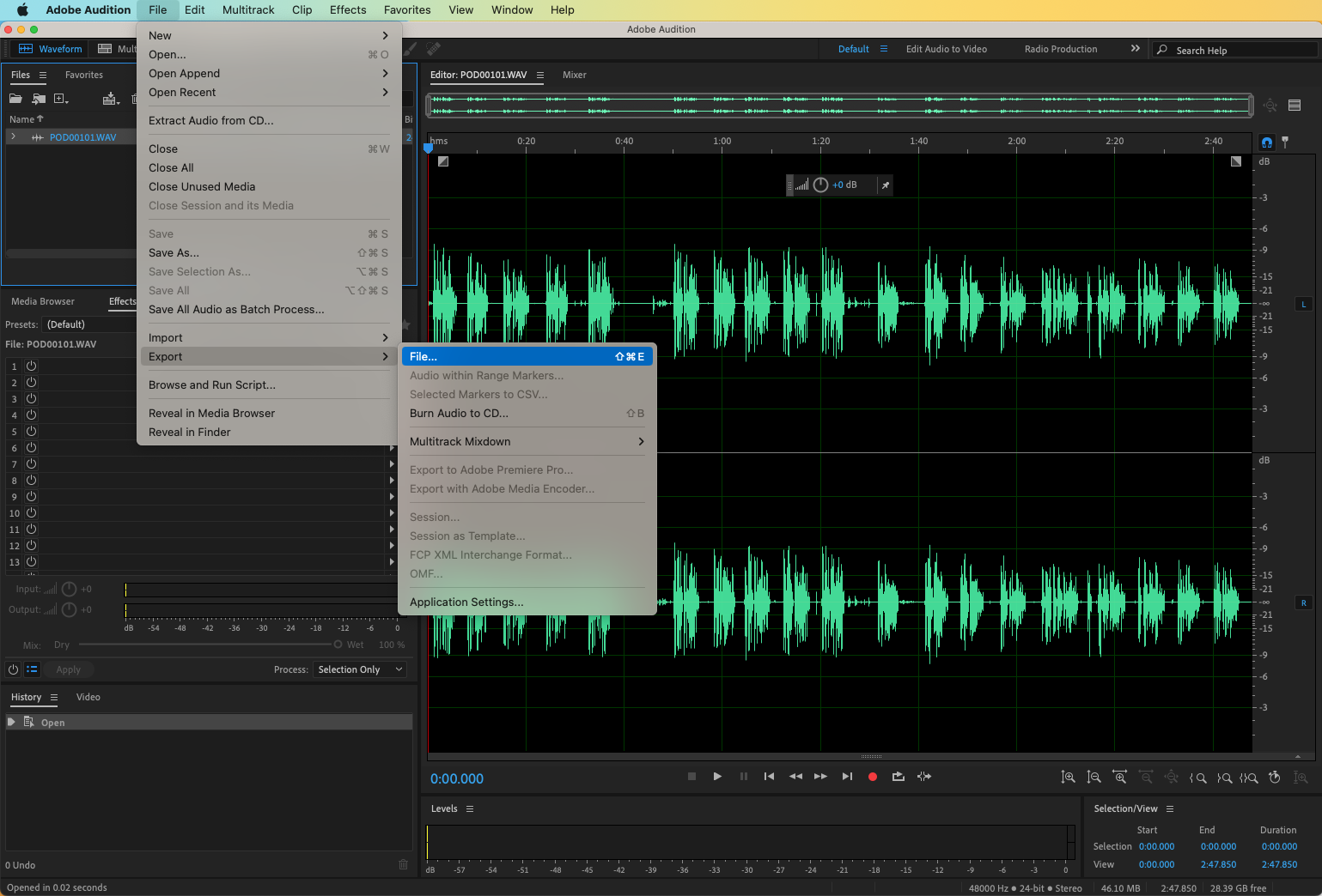 Adobe Audition: waveform editor и меню Export