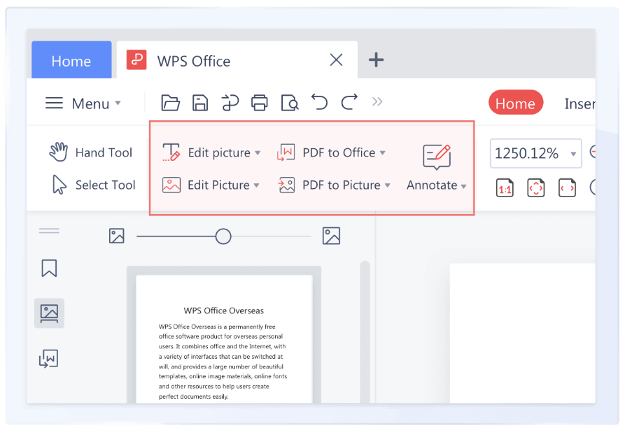 Панель WPS PDF с инструментами Edit picture, PDF to Office, PDF to Picture и Annotate