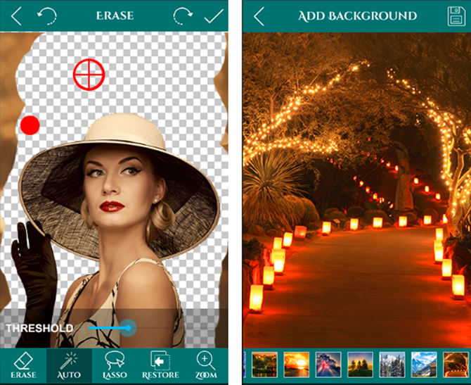 Ultimate Background Eraser: ручные инструменты Erase, Auto, Lasso, Restore и добавление нового фона