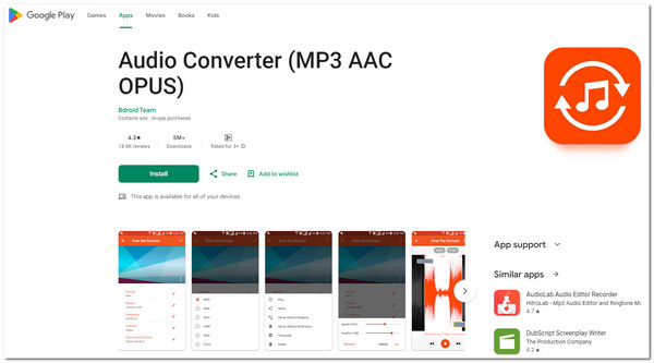 Страница Audio Converter MP3 AAC OPUS с примерами экранов приложения
