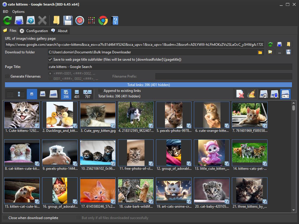 Список найденных изображений в Bulk Image Downloader