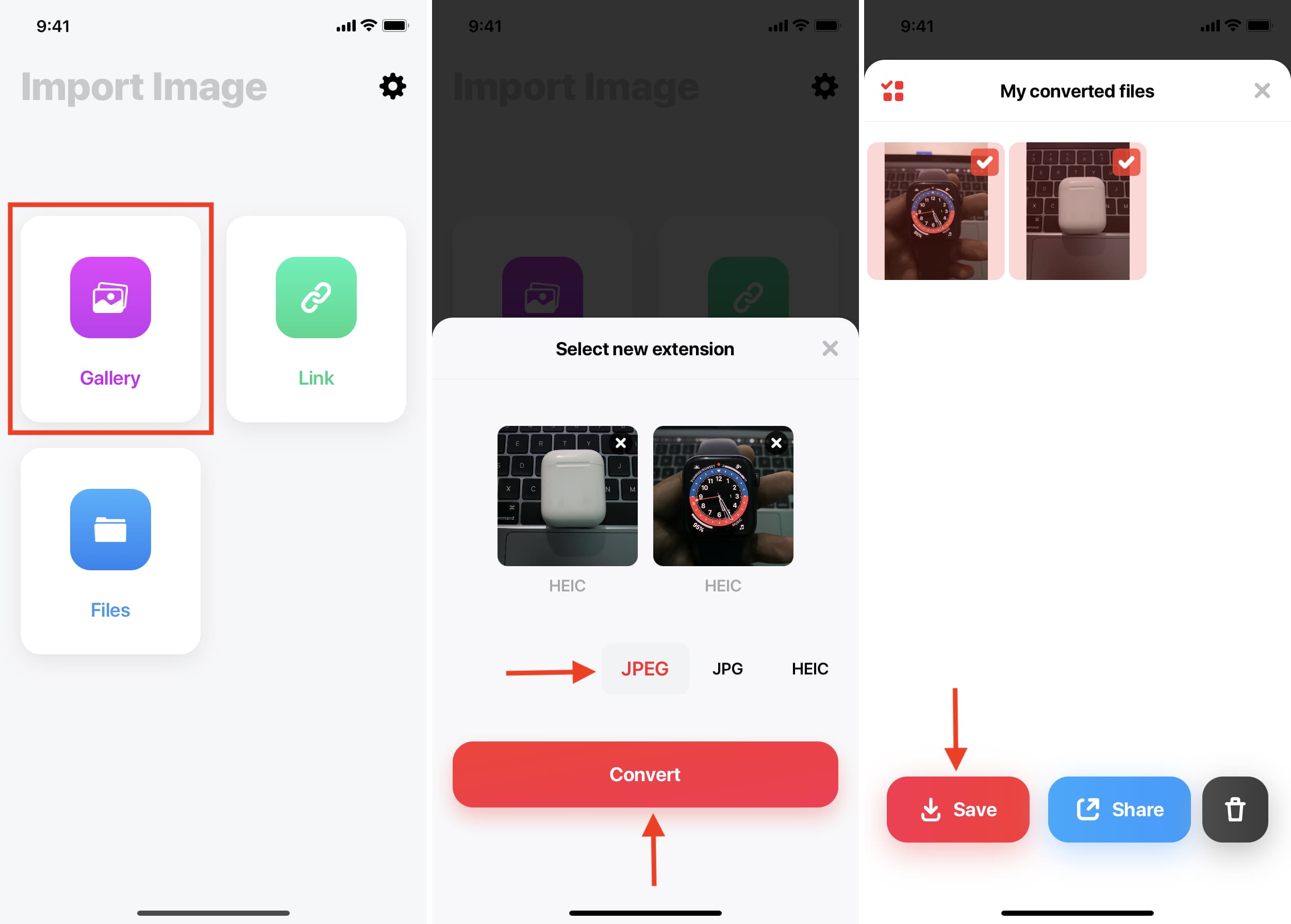 Интерфейс Photo & Image Converter на iPhone: выбор файла, формата, Convert и Save