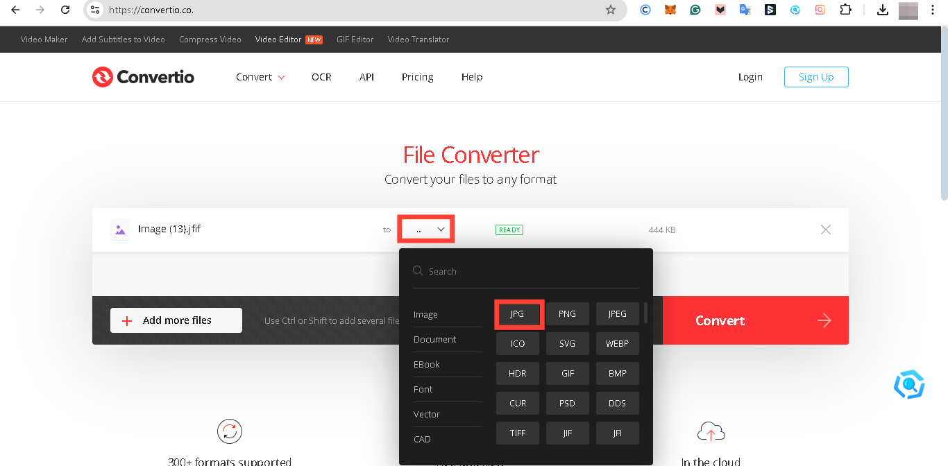 Интерфейс Convertio со списком форматов результата