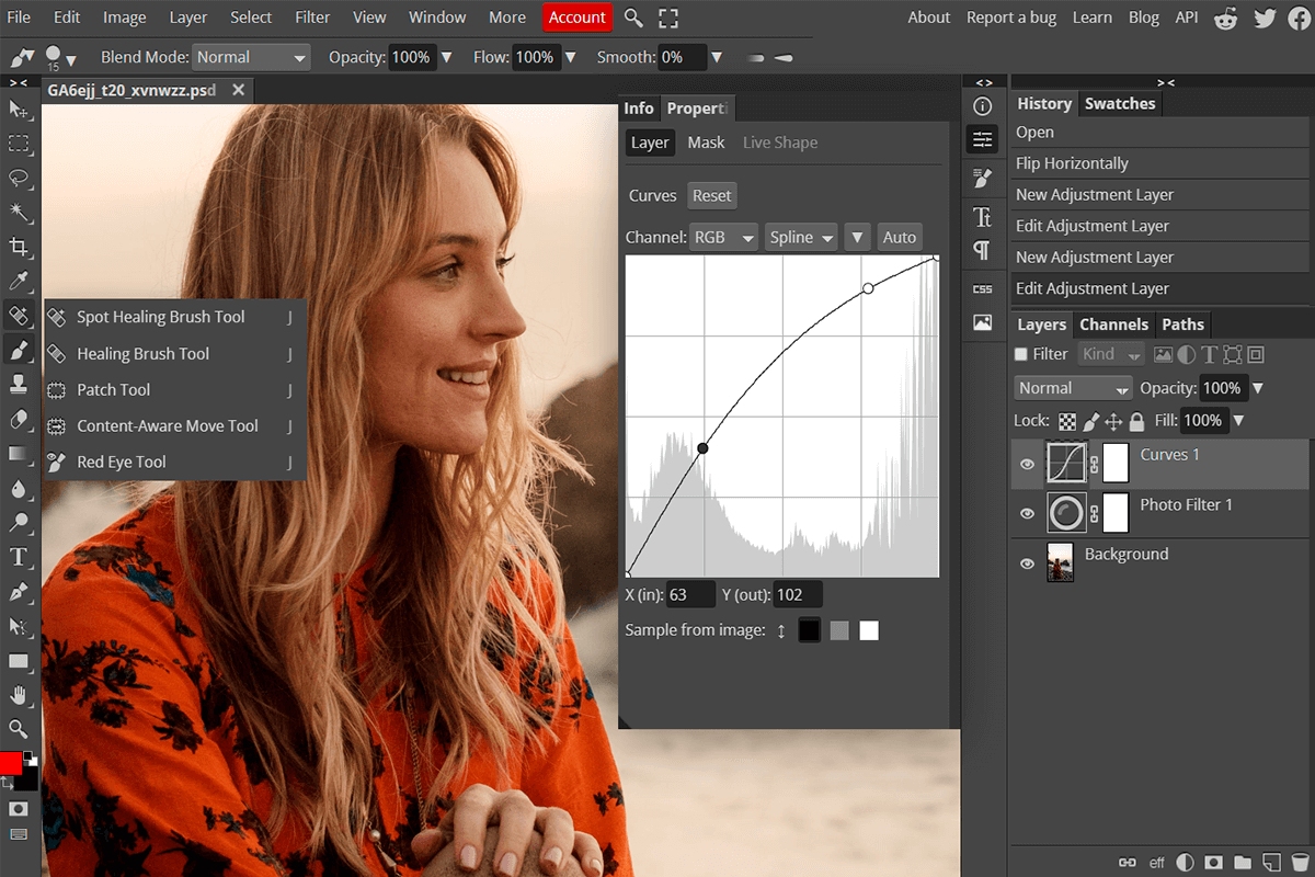 Photopea: интерфейс Curves для тональной коррекции фотографии