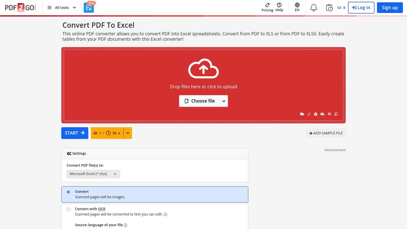 Интерфейс PDF2Go с выбором XLSX и режима OCR