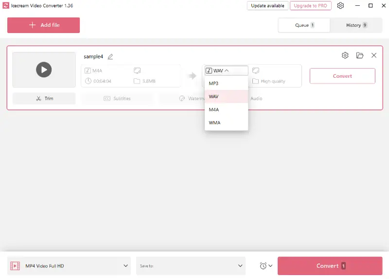 Icecream Video Converter: конвертация M4A в WAV