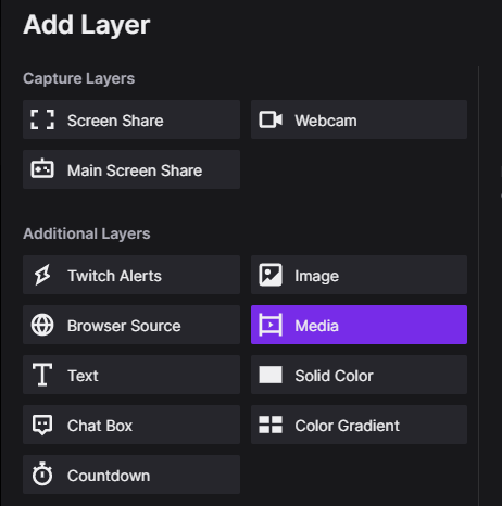 Окно Add Layer в Twitch Studio с источниками Screen Share, Webcam, Twitch Alerts, Browser Source, Chat Box и Countdown
