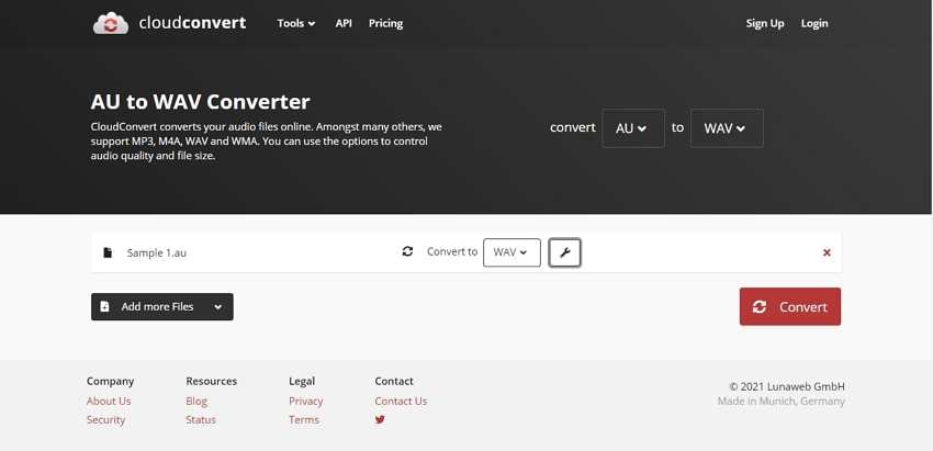 CloudConvert: AU to WAV Converter с загруженным sample AU