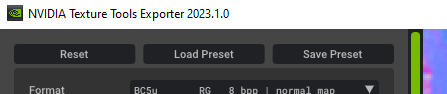Верхняя часть NVIDIA Texture Tools Exporter с Reset, Load Preset и Save Preset