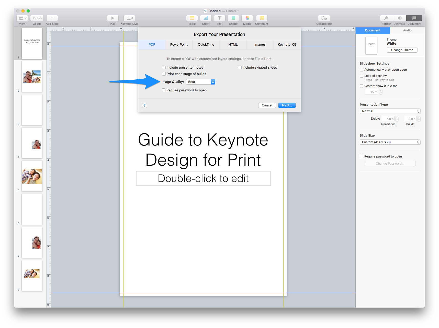 Окно экспорта Apple Keynote в PDF