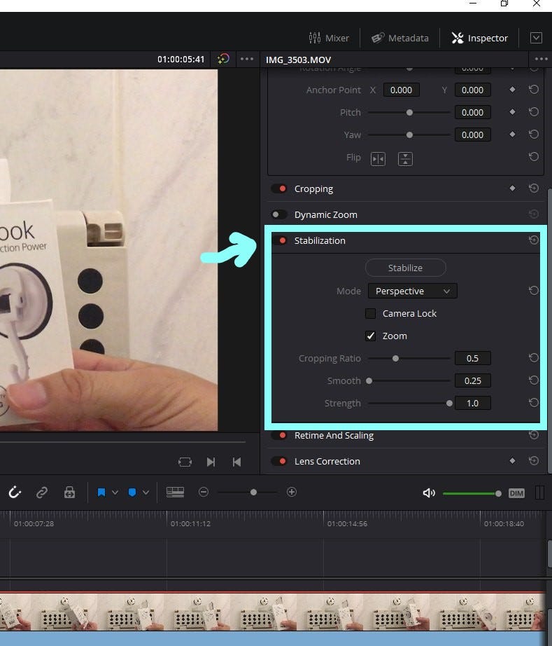 Панель Stabilization в Inspector DaVinci Resolve