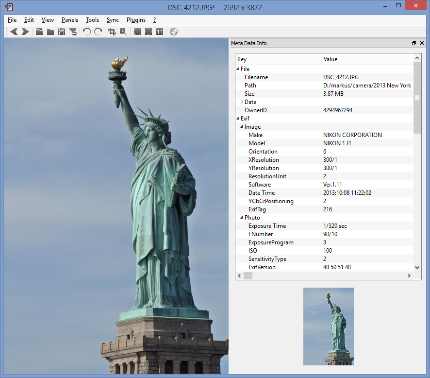 Панель Meta Data Info в nomacs с EXIF и файловыми сведениями