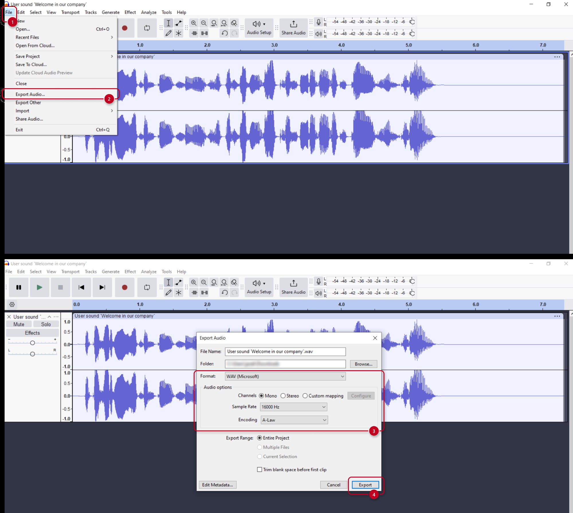 Экспорт Audio в Audacity с выбором WAV и A-law