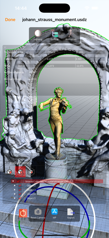 3dMaster на iPhone с иерархией объектов и 3D-сценой
