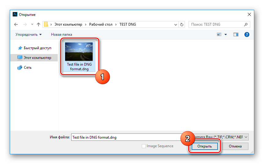 Выбор DNG в старом диалоге открытия Adobe Photoshop