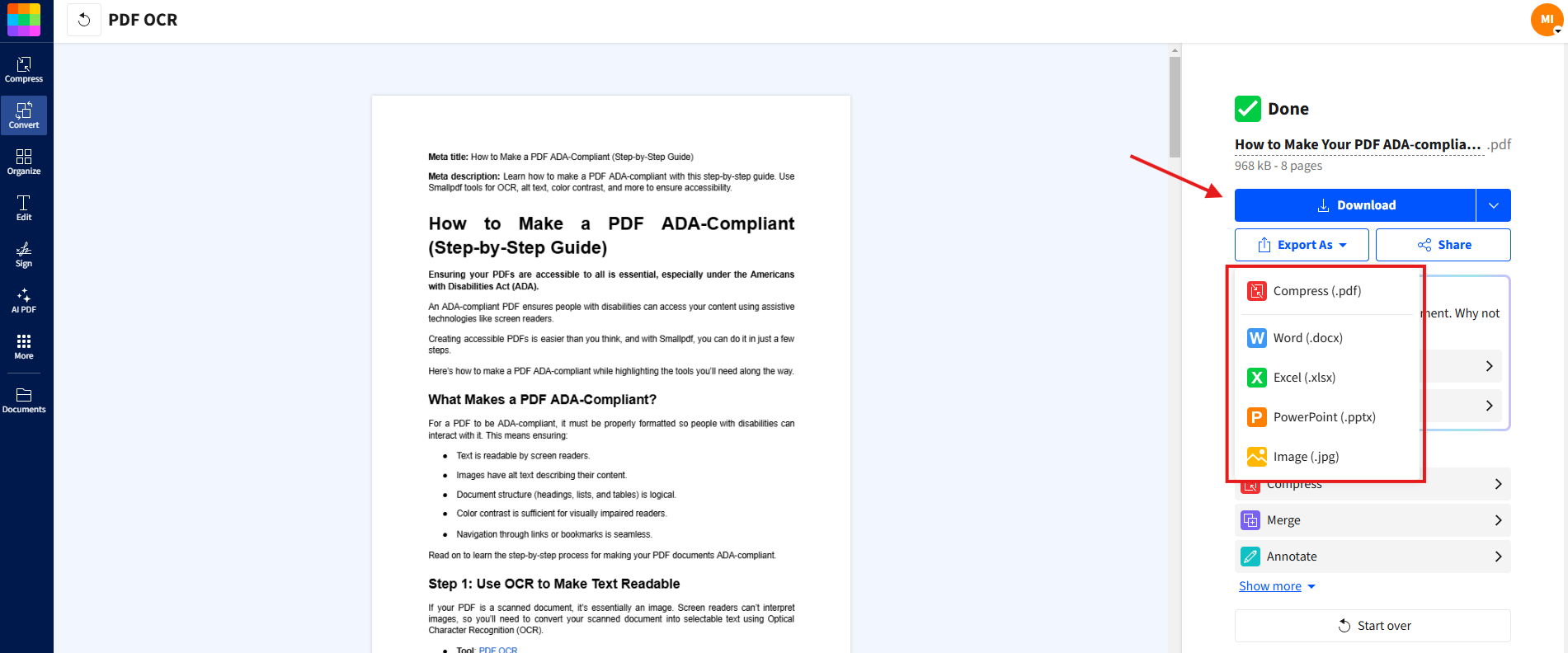 Интерфейс Smallpdf после OCR с вариантами дальнейшей работы с документом