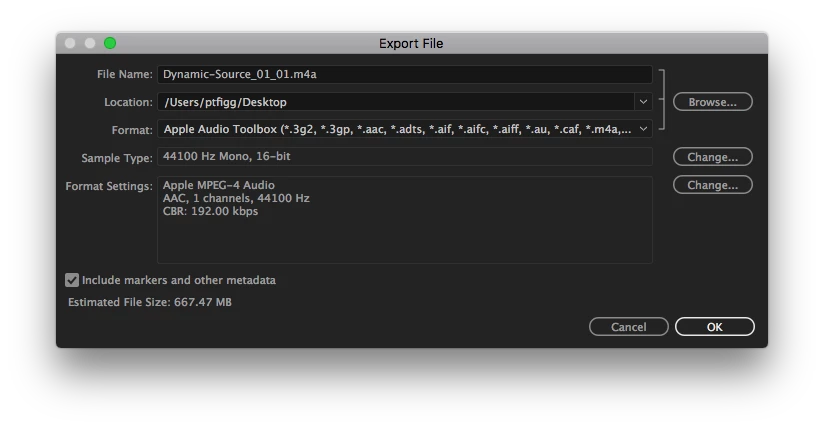 Adobe Audition Export File с Apple Audio Toolbox и AAC
