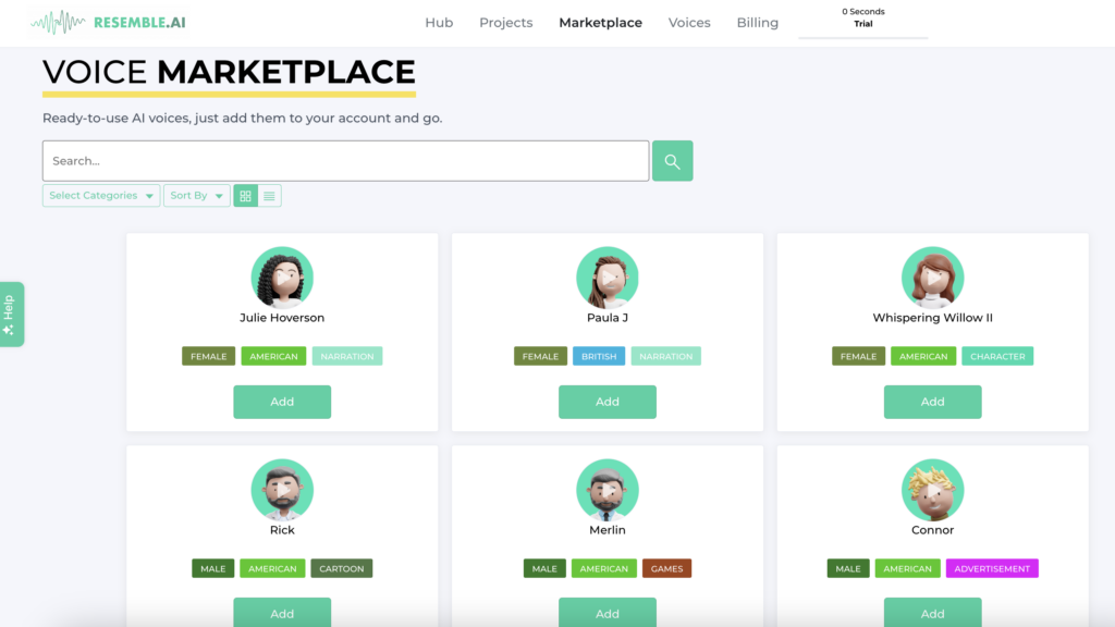 Интерфейс Resemble AI для генерации голоса