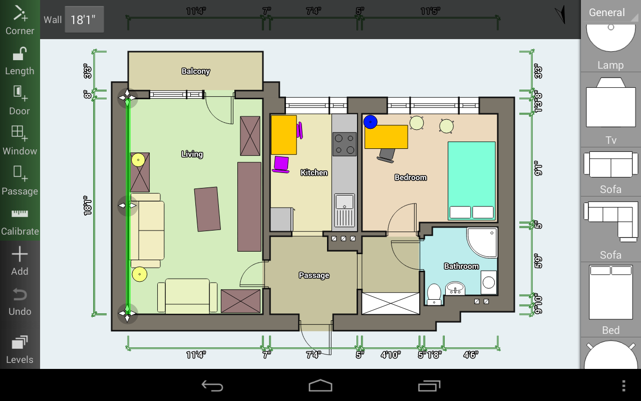 Интерфейс Floor Plan Creator с планом и размерными линиями