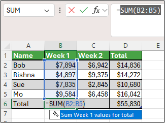 Пример формулы SUM в Microsoft Excel