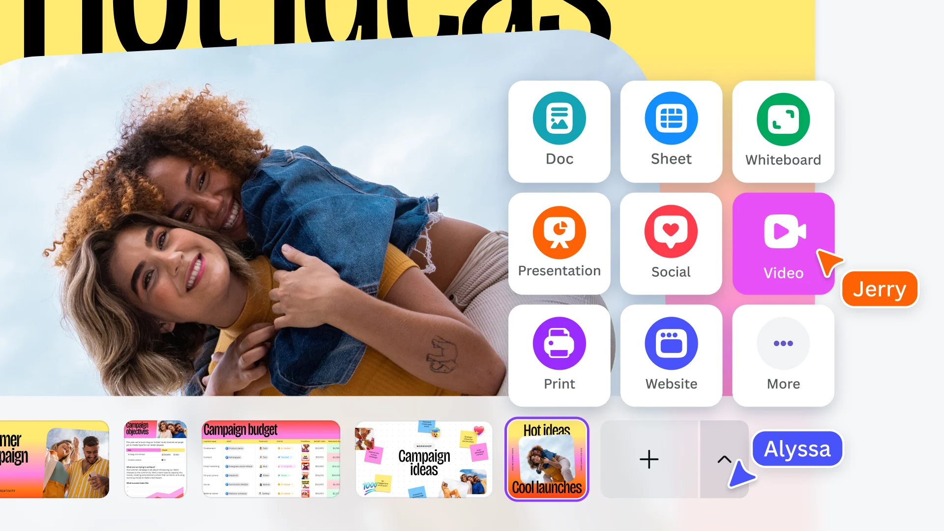 Интерфейс Visual Suite 2.0 в Canva с разными типами материалов в одном рабочем пространстве