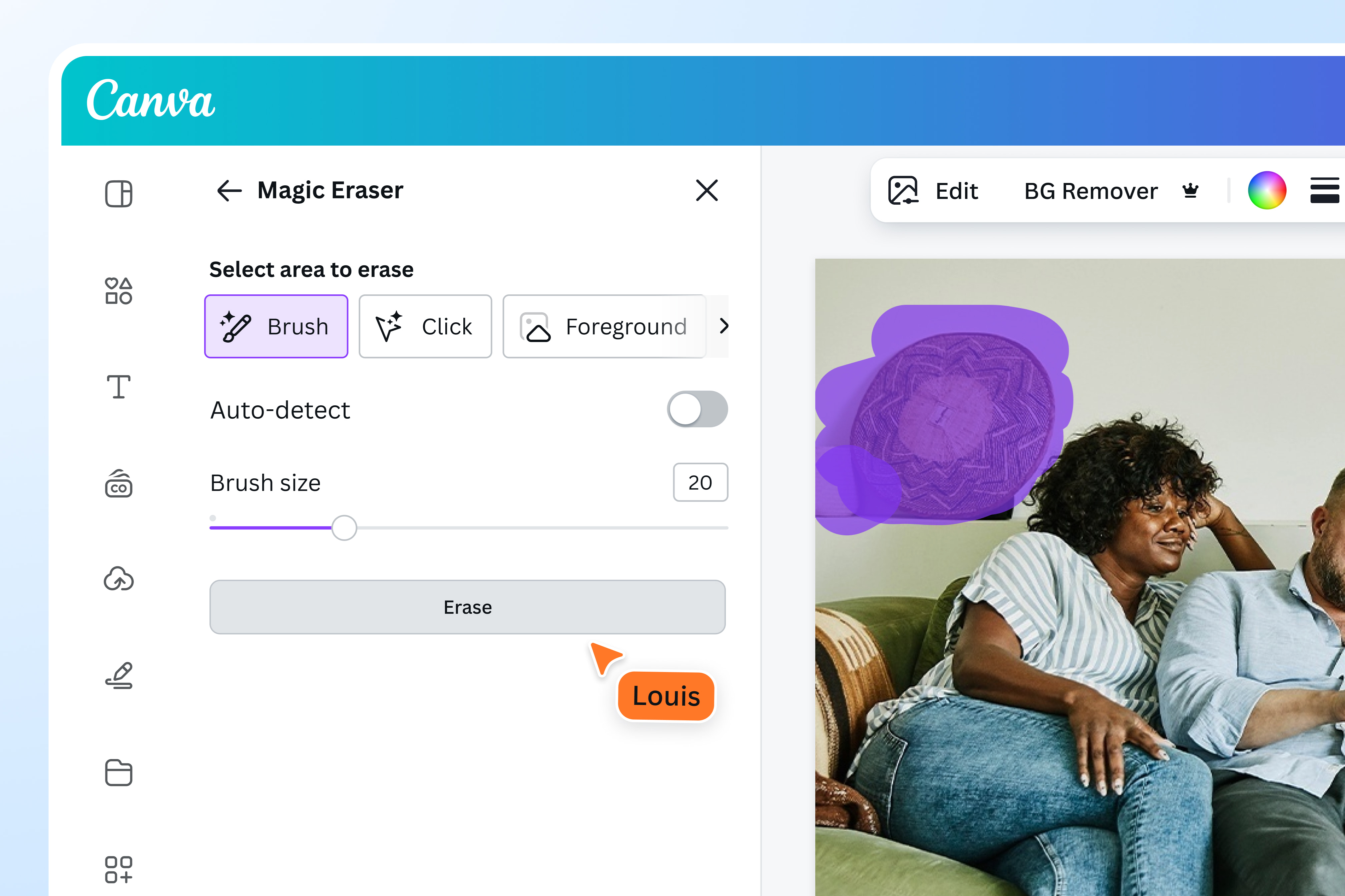 Magic Eraser в интерфейсе Canva с выделенной областью изображения