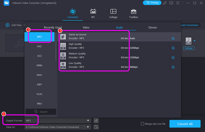 Выбор MP3 и профиля качества в Vidmore Video Converter