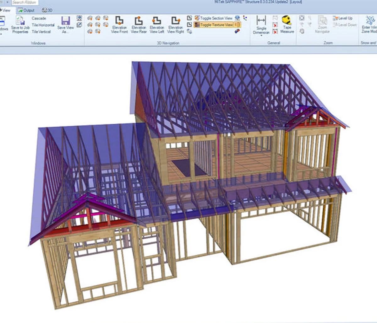 Интерфейс MiTek Structure с 3D-моделью деревянного каркаса и кровельных ферм