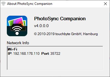 Окно About PhotoSync Companion с IP и Port
