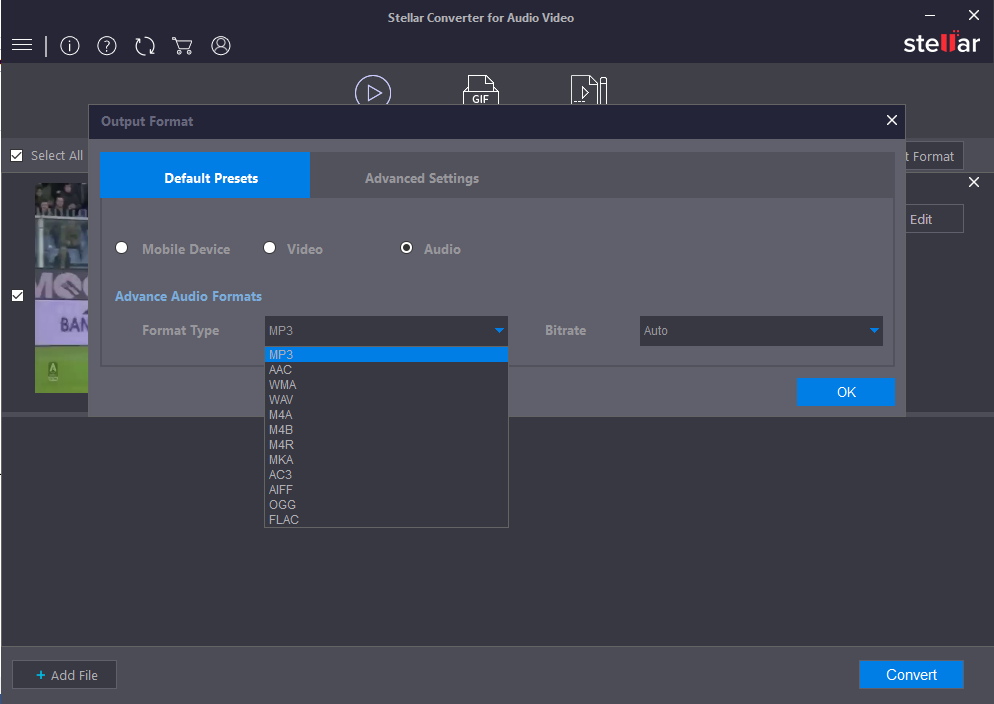 Выбор Audio и MP3 в Stellar Converter for Audio Video