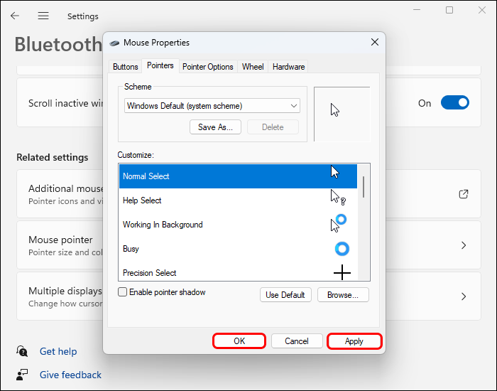 Windows 11: вкладка Pointers в Mouse Properties с кнопкой Browse для выбора курсора